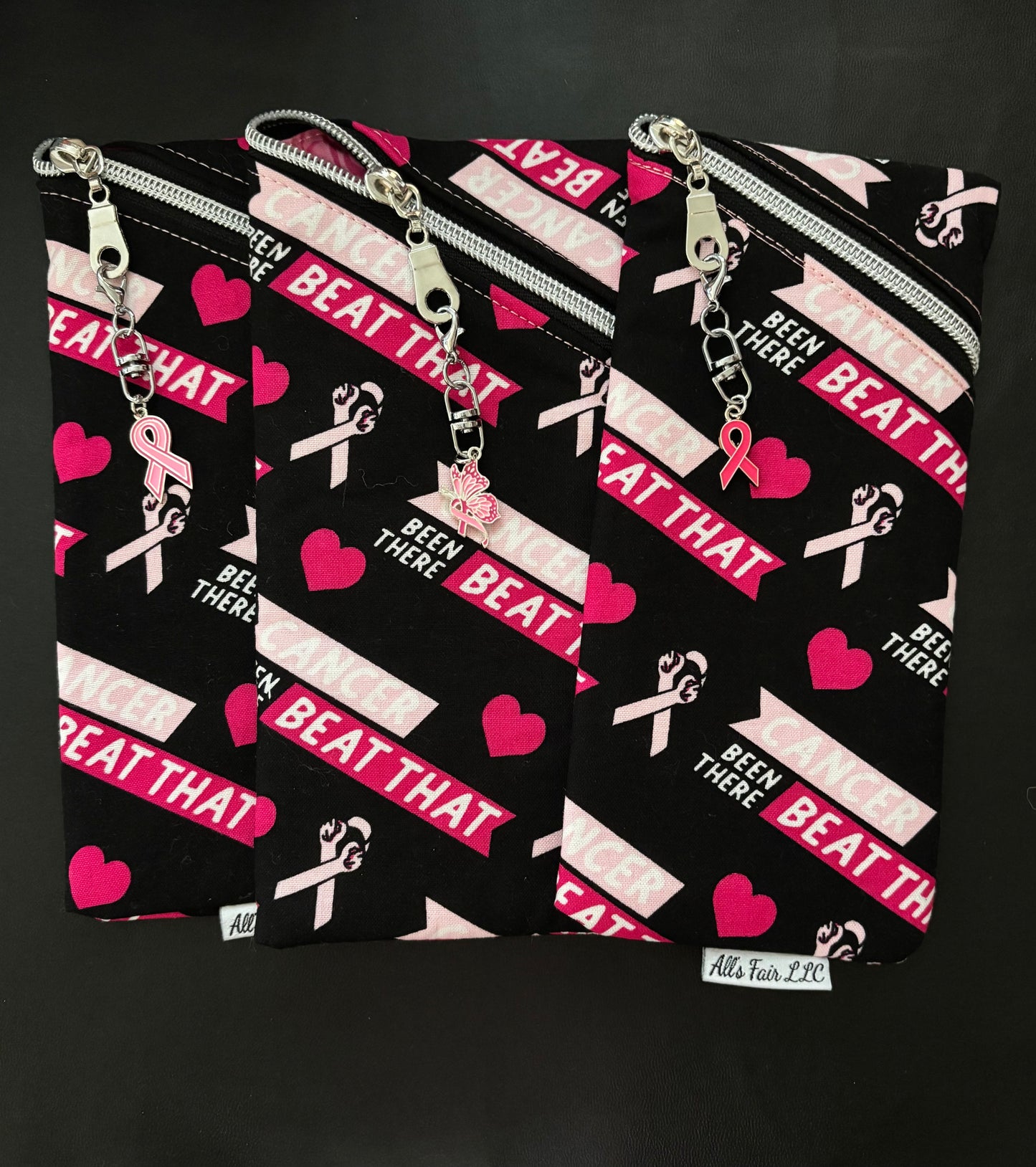 Breast cancer offset zipper pouch